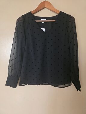 J Crew Black Chiffon Dotted V-neck Blouse Top XS Sheer Office Preppy Careerwear